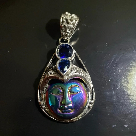 Vintage iridescent glass Sajen with natural dark blue sapphires  925 pendent - Picture 1 of 5